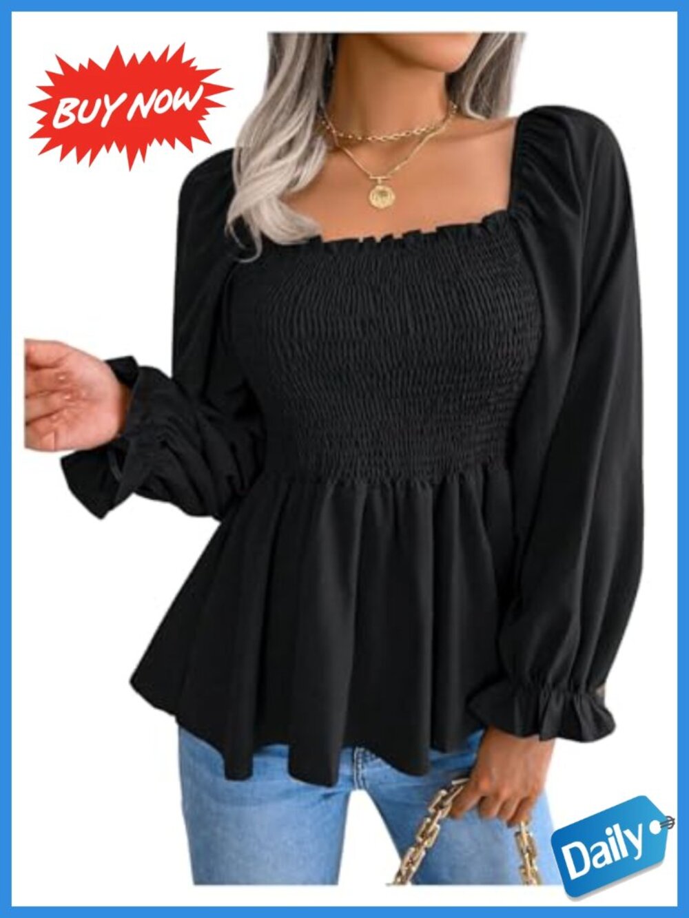 Square Neck Smocked Peplum Top Puff Long Sleeve Ruffle Blouse